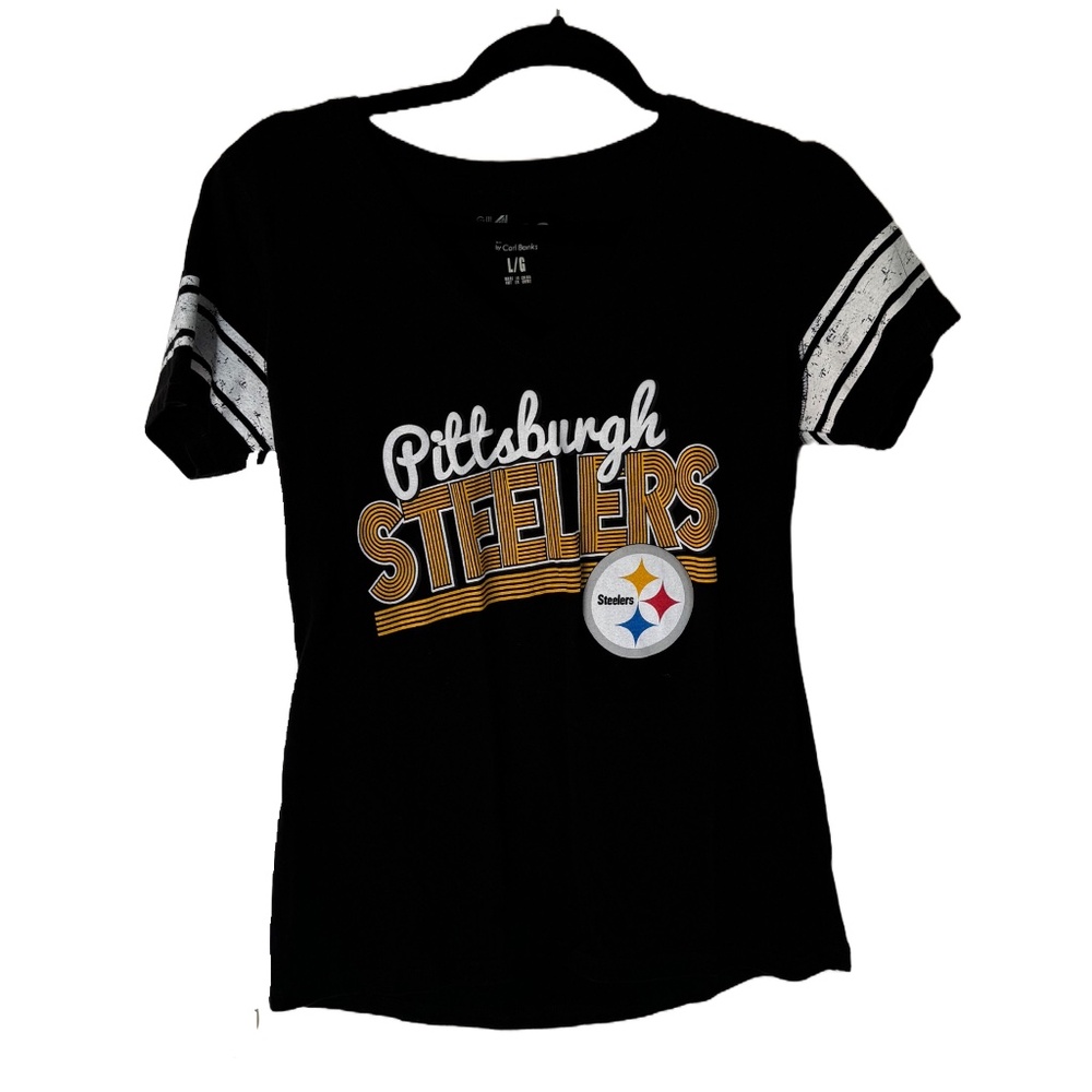 Pittsburgh Steelers Women’s Black Tee wWhite Stripes On Sleeve Size Large EUC